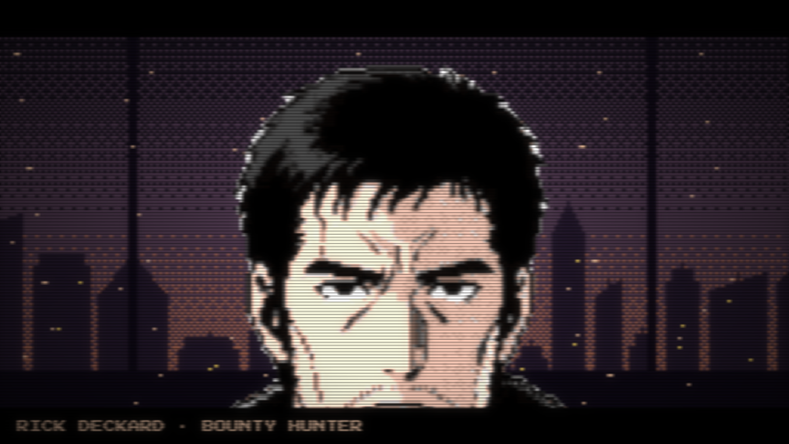 Tears in the Rain: pixel-art close-up of Rick Deckard, bounty hunter, against a night skyline