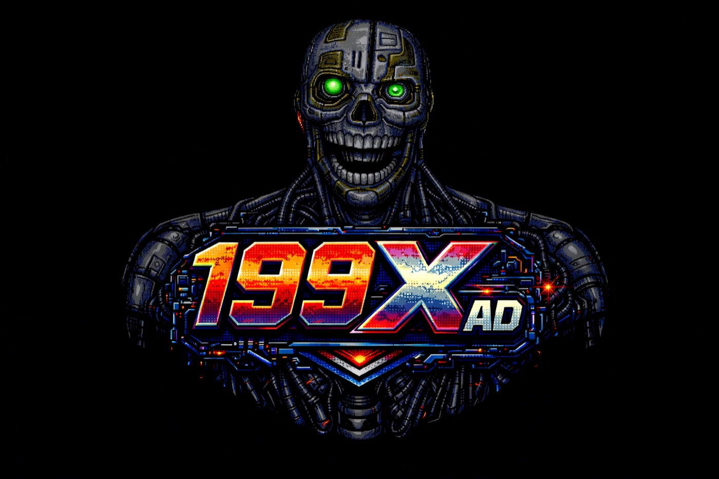 199X AD logo: a grinning cyborg skull behind neon 199X AD lettering